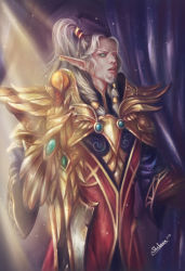 Rule 34 | 1boy, absurdres, armor, blood elf (warcraft), curselady, elf, fantasy, glowing, glowing eyes, gold armor, high ponytail, highres, long hair, long pointy ears, lor&#039;themar theron, male focus, pointy ears, shoulder armor, warcraft, white hair, world of warcraft