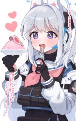 Rule 34 | 13 (spice!!), 1girl, animal ears, black gloves, blue archive, blue halo, bulletproof vest, fake animal ears, fork, gloves, grey hair, halo, heart, highres, holding, holding fork, holding plate, long hair, long sleeves, miyako (blue archive), neckerchief, one side up, open mouth, pink neckerchief, plate, purple eyes, rabbit ears, sailor collar, solo, translation request, upper body, white sailor collar