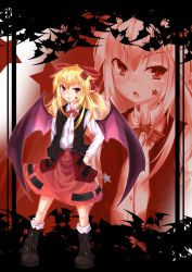 Rule 34 | 1girl, bat (animal), bat wings, blonde hair, boots, bow, elis (touhou), facial mark, female focus, hair bow, hand on own hip, highly responsive to prayers, hip focus, pointy ears, red eyes, skirt, solo, star (symbol), too many, touhou, touhou (pc-98), vest, viki00, wings, zoom layer