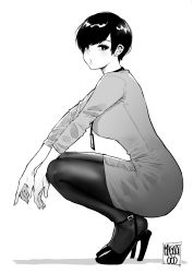 Rule 34 | 1girl, absurdres, aliasing, alternate costume, artist name, blush, breasts, collared shirt, dress, earrings, from side, full body, greyscale, high heels, highres, id card, jewelry, lanyard, looking at viewer, looking to the side, medium breasts, monochrome, norman maggot, office lady, olive laurentia, original, pantyhose, pixie cut, shirt, shoes, short dress, short hair, simple background, solo, squatting, stud earrings, white background