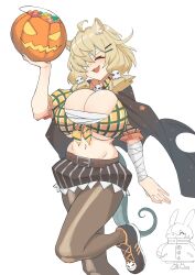 Rule 34 | 2girls, absurdres, amiya (arknights), animal ear fluff, animal ears, arknights, bandage over one eye, bandaged arm, bandages, belt, blonde hair, breasts, candy, closed eyes, fang, food, halloween, halloween bucket, highres, holding, large breasts, lizard tail, multiple girls, navel, pantyhose, radioneet, smile, standing, standing on one leg, tail, utage (arknights)