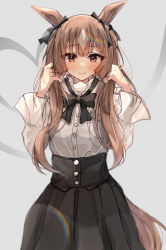 Rule 34 | 1girl, absurdres, alternate hairstyle, animal ears, black bow, black bowtie, black skirt, blush, bow, bowtie, brown eyes, brown hair, bunching hair, closed mouth, corset, cowboy shot, frilled shirt collar, frills, grey background, hands up, heart, highres, horse ears, horse girl, horse tail, lens flare, long hair, long sleeves, looking at viewer, satesate4, satono diamond (umamusume), shirt, simple background, skirt, smile, solo, tail, twintails, umamusume, white shirt
