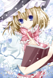 Rule 34 | 1girl, alice margatroid, ascot, bad id, bad pixiv id, blonde hair, blue eyes, book, bow, female focus, flower, hat, nanase nao, open book, petals, smile, solo, touhou, witch hat
