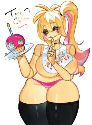 Rule 34 | bib, black sclera, blonde hair, blush stickers, breasts, bright pupils, colored sclera, colored skin, cupcake, eyelashes, eyeshadow, five nights at freddy&#039;s, five nights at freddy&#039;s 2, food, huge breasts, long hair, looking at viewer, makeup, robot, sharp teeth, side ponytail, sideboob, smile, teeth, thighhighs, thighs, togetoge, toy chica, underboob, white pupils, wide hips, yellow skin, zettai ryouiki