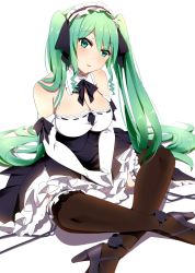 Rule 34 | 1girl, bare shoulders, black legwear, breasts, cleavage, elbow gloves, gloves, green eyes, green hair, hair ribbon, hairband, high heels, highres, indian style, large breasts, bridal garter, lolita hairband, long hair, looking at viewer, magukappu, matching hair/eyes, original, ribbon, ribbon-trimmed clothes, ribbon trim, shirt, sitting, skirt, sleeveless, sleeveless shirt, solo, strapless, thighs, twintails, very long hair, white gloves