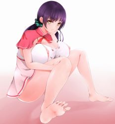 Rule 34 | 1girl, :t, barefoot, breasts, brown eyes, cleavage, dress, feet, gradient background, hand on own face, head rest, huge breasts, long hair, looking at viewer, nippleless clothes, nipples, original, pout, purple hair, shadow, shumichi, sitting, soles, solo, toes, twintails