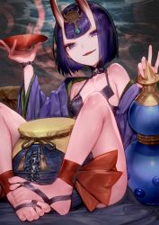 Rule 34 | 1girl, alcohol, ankle ribbon, aos, bare shoulders, barefoot, between legs, bob cut, breasts, collarbone, cup, eyeliner, eyeshadow, fangs, fate (series), feet, gourd, headpiece, highres, horns, japanese clothes, kimono, leg ribbon, looking at viewer, makeup, oni, open clothes, open kimono, open mouth, purple eyes, purple hair, purple kimono, revealing clothes, ribbon, sakazuki, sake, short eyebrows, short hair, shuten douji (fate), sitting, skin-covered horns, small breasts, smile, solo, toes