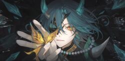 Rule 34 | 1boy, genshin impact, green hair, green horns, highres, horns, jewelry, kkamiiz, male focus, mask, necklace, open mouth, pearl necklace, portrait, reaching, reaching towards viewer, short hair, shoulder spikes, solo, spikes, xiao (genshin impact), yellow eyes