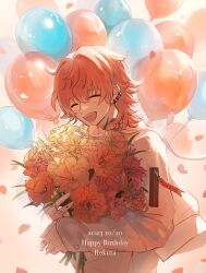 Rule 34 | 1boy, 2023, absurdres, blush, bouquet, character name, closed eyes, dated, earrings, fangs, flower, happy birthday, highres, holding, holding bouquet, holding flower, jacket, jewelry, long sleeves, male focus, multiple earrings, open mouth, orange flower, paradox live, petals, pink flower, pink hair, rokuta (paradox live), short hair, sis 0001, smile, solo, white jacket, yellow flower