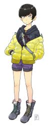 Rule 34 | 1girl, androgynous, black hair, blue eyes, female focus, full body, hands in pockets, hood, hoodie, jacket, looking at viewer, satsuyo, short hair, short shorts, shorts, simple background, smile, solo, tomboy, white background
