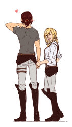 Rule 34 | 2girls, bad id, bad tumblr id, blonde hair, blush, boots, brown hair, krista lenz, closed eyes, from behind, holding hands, height difference, knee boots, multiple girls, aged up, pants, shingeki no kyojin, shirt, short hair, short ponytail, sleeves rolled up, smile, suspenders, t-shirt, tall, ymir (shingeki no kyojin), yuri, z-end