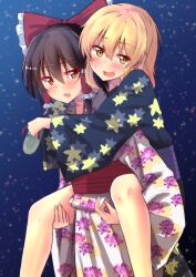 Rule 34 | 2girls, alternate costume, arms around neck, black kimono, blonde hair, blush, bow, braid, broken, brown hair, carrying, carrying person, colored eyelashes, commentary request, commission, embarrassed, eyes visible through hair, floral print, floral print kimono, frilled bow, frilled hair tubes, frills, hair between eyes, hair bow, hair tubes, hakurei reimu, highres, holding, holding clothes, holding footwear, holding sandals, japanese clothes, kimono, kirisame marisa, long hair, long sleeves, looking at another, looking at viewer, mukkushi, multiple girls, night, night sky, obi, open mouth, orange eyes, piggyback, print kimono, purple sash, purple sky, red bow, red sash, sandals, sash, side braid, sidelocks, single braid, skeb commission, sky, split mouth, star (sky), starry sky, sweatdrop, touhou, white kimono, wide sleeves, yellow eyes, yuri, zouri