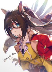 Rule 34 | 1girl, animal ears, bird, breasts, brown hair, character name, closed mouth, coat, coat on shoulders, collared shirt, dated, domino mask, eagle, el condor pasa (umamusume), green eyes, highres, horse ears, large breasts, lee hyeseung, long hair, long sleeves, looking at viewer, mask, ponytail, red coat, shirt, smile, solo, umamusume, upper body, yellow shirt