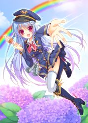 Rule 34 | 1girl, :d, absurdres, aircraft, airplane, blue hair, boots, flower, food, hair ornament, hat, highres, holding, hydrangea, ice cream, ice cream cone, looking at viewer, nakada rumi, open mouth, original, outstretched hand, peaked cap, pilot uniform, pleated skirt, rainbow, reachimg, reaching, red eyes, skirt, smile, solo, thighhighs, two side up, white thighhighs, zettai ryouiki