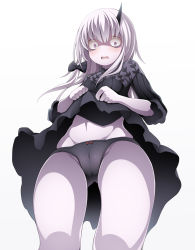 Rule 34 | 1girl, black bow, black dress, black panties, black sleeves, blush, bow, bow panties, cameltoe, clothes lift, dress, dress lift, fate/grand order, fate (series), female focus, from below, hair bow, lavinia whateley (fate), lifting own clothes, long hair, looking at viewer, looking down, open mouth, pale skin, panties, polka dot, polka dot bow, setoemon, shaded face, silver hair, simple background, solo, underwear