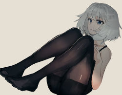 Rule 34 | 1girl, bare arms, bare shoulders, black camisole, black pantyhose, blue eyes, brown background, camisole, closed mouth, collarbone, commentary request, dutch angle, grey hair, hair between eyes, highres, knees up, looking away, looking to the side, original, pantyhose, ryokucha manma, simple background, sitting, solo