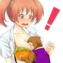 Rule 34 | 1girl, between breasts, bikini, blush, breasts, hataraku maou-sama!, head between breasts, large breasts, ma (s-m-l), monkey, open mouth, orange eyes, orange hair, sadao (hataraku maou-sama), sasaki chiho, short hair, short twintails, solo focus, swimsuit, twintails
