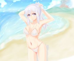Rule 34 | 1girl, adjusting hair, arms up, bad id, bad pixiv id, beach, bikini, breasts, cloud, cloudy sky, covered erect nipples, cowboy shot, day, large breasts, long hair, mononobe no futo, mouth hold, navel, outdoors, ponytail, purple eyes, septet (zrca janne), sky, solo, swimsuit, touhou, volcano, white bikini, white hair
