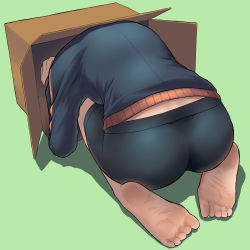 Rule 34 | 1girl, ass, ass focus, barefoot, bike shorts, black jacket, box, cardboard box, commentary request, from behind, full body, green background, highres, in box, in container, jacket, koshirae tsurugi (m.m), m.m, original, shadow, short shorts, shorts, simple background, soles, solo, track jacket