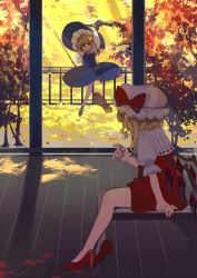 Rule 34 | 2girls, absurdres, arm support, arm up, autumn, black headwear, blonde hair, blue dress, bow, bowtie, broom, circle skirt, crystal, day, dress, flandre scarlet, flying, from side, full body, grin, hat, high heels, highres, holding, holding broom, holding leaf, kirisame marisa, leaf, light rays, looking at another, mob cap, multiple girls, outdoors, puffy short sleeves, puffy sleeves, red bow, red dress, red footwear, red neckwear, shi chimi, short sleeves, sitting, smile, touhou, wind, wind lift, wings, witch hat, wooden floor, yellow eyes