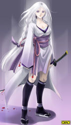 Rule 34 | 1girl, blood, braid, breasts, cleavage, japanese clothes, long hair, omc, purple eyes, sandals, solo, sword, thighhighs, very long hair, weapon, white hair