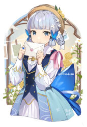 Rule 34 | 1girl, ayaka (genshin impact), blue butterfly, blue eyes, blue hair, blunt bangs, blunt tresses, bow, braid, bug, butterfly, butterfly hair ornament, butterfly ring, closed mouth, collar, cropped legs, dress, flower, genshin impact, hair flower, hair ornament, hat, hat flower, hat leaf, highres, holding, holding letter, insect, kamisato ayaka, kamisato ayaka (springbloom missive), letter, long sleeves, miz (mi), multicolored clothes, multicolored dress, official alternate hairstyle, pink bow, shirt, smile, solo, straw hat, twitter username, white collar, white flower, white shirt, yellow flower