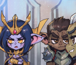 Rule 34 | 1boy, 2girls, alternate ears, alternate form, armor, black cape, black hair, blush, breasts, brown fur, brown hair, cape, character request, cleavage, closed mouth, colored skin, crossed arms, darius (league of legends), facial mark, fang, gem, grey hair, grin, league of legends, leblanc (league of legends), medium breasts, medium hair, multicolored hair, multiple girls, phantom ix row, pointy ears, purple skin, scar, scar on face, short hair, shoulder armor, smile, spiked armor, sweatdrop, teeth, two-tone hair, upper body