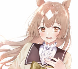 Rule 34 | 1girl, :d, animal ears, bow, brown bow, brown eyes, brown hair, brown jacket, center frills, commentary request, floating hair, frills, ha (hura76752775), half updo, hand up, highres, horse ears, jacket, long hair, looking at viewer, multicolored hair, open mouth, satono diamond (umamusume), shirt, simple background, smile, solo, teeth, two-tone hair, umamusume, upper body, upper teeth only, white background, white bow, white hair, white shirt