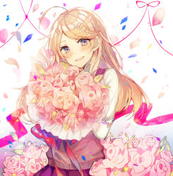 Rule 34 | 1girl, :d, ahoge, akamatsu kaede, blonde hair, blush, bouquet, breasts, commentary request, danganronpa (series), danganronpa v3: killing harmony, flower, fortissimo, gradient background, hair ornament, holding, holding bouquet, long hair, long sleeves, looking at viewer, musical note, musical note hair ornament, onko, open mouth, petals, pink flower, pink rose, pink skirt, pink vest, pleated skirt, rose, shirt, simple background, skirt, smile, solo, teeth, upper teeth only, vest, white background, white flower, white shirt