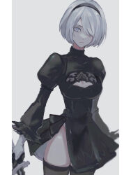 Rule 34 | 1girl, 2b (nier:automata), black dress, black gloves, black hairband, black thighhighs, breasts, cleavage cutout, closed mouth, clothing cutout, commentary, dress, gloves, grey background, grey eyes, hairband, highres, holding, holding weapon, juliet sleeves, long sleeves, looking at viewer, medium breasts, miichinori, mole, mole under eye, nier:automata, nier (series), pillarboxed, puffy sleeves, short hair, side slit, solo, thighhighs, weapon, white hair