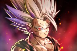 Rule 34 | 1boy, absurdres, battle damage, closed mouth, dragon ball, dragon ball super, dragon ball super super hero, highres, looking at viewer, male focus, pea-bean, red eyes, solo, son gohan, spiked hair, spoilers, upper body, white hair