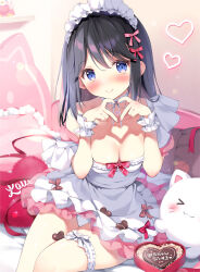 Rule 34 | 1girl, apron, bare shoulders, black hair, blue eyes, blush, bow, breasts, candy, chocolate, chocolate heart, cleavage, closed mouth, collarbone, commentary request, dress, feet out of frame, food, frilled apron, frilled dress, frilled pillow, frills, hair between eyes, hair bow, hands up, heart, heart hands, long hair, looking at viewer, maid apron, maid headdress, medium breasts, original, pan (mimi), pillow, pink bow, pink dress, puffy short sleeves, puffy sleeves, red bow, see-through, shirayuki yuuri, short sleeves, sitting, smile, solo, white apron, wrist cuffs