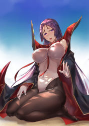 Rule 34 | 1girl, bb (fate), bb (fate) (all), bb (swimsuit mooncancer) (fate), bb (swimsuit mooncancer) (fate) (cosplay), bb (swimsuit mooncancer) (third ascension) (fate), black coat, blue sky, blush, breasts, coat, cosplay, covered navel, day, fate/grand order, fate (series), feet, gloves, highleg, highleg leotard, highres, hip focus, kakumayu, kneeling, large breasts, legs, leotard, long hair, looking at viewer, minamoto no raikou (fate), neck ribbon, open mouth, pantyhose, parted bangs, popped collar, purple eyes, purple hair, red ribbon, ribbon, sky, smile, solo, sunlight, thighband pantyhose, thighs, vampire costume, very long hair, white gloves, white leotard, wide sleeves