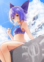Rule 34 | circled 9, 1girl, bare shoulders, bikini, blue bikini, blue bow, blue hair, blue sky, bow, breasts, cirno, cloud, commentary request, contrail, day, eating, food, hair bow, highres, ice, ice wings, lens flare, looking at viewer, outdoors, paint, popsicle, purple eyes, short hair, sitting, sky, small breasts, solo, summer, sunlight, swimsuit, teaspoon (teabreak otya), touhou, wings