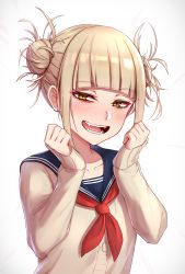 Rule 34 | 10s, 1girl, blonde hair, blunt bangs, boku no hero academia, double bun, fangs, hair bun, half-closed eyes, highres, jirofly, long sleeves, looking at viewer, open mouth, red background, sailor collar, school uniform, serafuku, short twintails, simple background, smile, solo, teeth, toga himiko, twintails, white background, yellow eyes