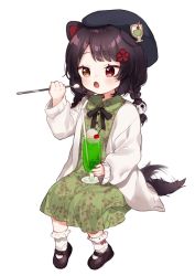 Rule 34 | 1girl, afterimage, aged down, animal ears, bendy straw, beret, black bow, black footwear, black hair, black hat, blush, bobby socks, bow, braid, brown eyes, collared dress, commentary request, cup, dog ears, dog girl, dog hair ornament, dog tail, dress, drinking glass, drinking straw, fangs, floral print, flower, food, full body, green dress, hair flower, hair ornament, hat, heterochromia, holding, holding spoon, ice cream, ice cream float, inui toko, jacket, long hair, long sleeves, looking away, low twintails, mary janes, nijisanji, open clothes, open jacket, open mouth, print dress, puffy long sleeves, puffy sleeves, red eyes, red flower, shoes, simple background, sitting, sleeves past wrists, socks, solo, spoon, tail, tail wagging, twin braids, twintails, virtual youtuber, white background, white jacket, white socks, yamabukiiro