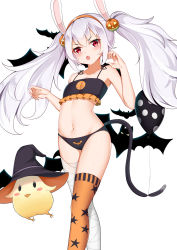 Rule 34 | 1girl, :o, absurdres, animal ears, asymmetrical legwear, azur lane, bad id, bad pixiv id, balloon, bandaged leg, bandages, bare arms, bare shoulders, bat (animal), bikini, black bikini, black hat, blush, blush stickers, catnnn, claw pose, collarbone, fang, feet out of frame, flat chest, food-themed hair ornament, frilled bikini, frills, hair ornament, hands up, hat, highres, laffey (azur lane), long hair, looking at viewer, manjuu (azur lane), mismatched legwear, open mouth, orange thighhighs, print bikini, print legwear, pumpkin hair ornament, pumpkin print, rabbit ears, red eyes, revision, silver hair, simple background, single thighhigh, standing, star (symbol), star print, swimsuit, tail, thighhighs, twintails, v-shaped eyebrows, white background, witch hat