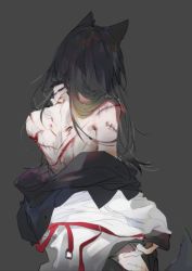 Rule 34 | 1girl, absurdres, animal ears, arknights, bare back, black hair, clothes down, ear piercing, from behind, grey background, hair over shoulder, hand on own neck, highres, injury, long hair, min (120716), nape, piercing, scar, solo, texas (arknights), wolf ears