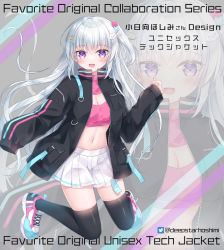 Rule 34 | 1girl, :d, bear hair ornament, black jacket, black thighhighs, breasts, cleavage, cleavage cutout, clothing cutout, commentary request, crop top, fang, grey background, grey hair, hair ornament, hairclip, jacket, kohinata hoshimi, long hair, long sleeves, looking at viewer, medium breasts, midriff, navel, one side up, open clothes, open jacket, open mouth, original, pink footwear, pink shirt, pleated skirt, purple eyes, shirt, shoes, skirt, sleeves past fingers, sleeves past wrists, smile, star (symbol), star hair ornament, thighhighs, translation request, twitter username, very long hair, white skirt, zoom layer