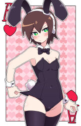 Rule 34 | 1girl, absurdres, aile (mega man zx), alternate costume, animal ears, bare shoulders, black bow, black bowtie, black leotard, black thighhighs, blush, bow, bowtie, breasts, brown hair, buzzlyears, closed mouth, collarbone, covered navel, fake animal ears, fake tail, green eyes, highres, leotard, leotard pull, looking at viewer, medium breasts, mega man (series), mega man zx, playboy bunny, rabbit ears, rabbit tail, short hair, solo, tail, thighhighs, wrist cuffs