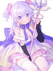 Rule 34 | 1girl, blue eyes, blue hair, breasts, choker, cleavage, dress, earrings, frilled dress, frills, hair ornament, highres, jewelry, light blue hair, magia record: mahou shoujo madoka magica gaiden, magical girl, mahou shoujo madoka magica, minami rena, off-shoulder dress, off shoulder, parted lips, paru rari, polearm, ribbon, short twintails, solo, thighhighs, trident, twintails, weapon