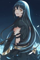 Rule 34 | 1girl, act (xadachit), black hair, dandelion (girls&#039; frontline), dress, flower, girls&#039; frontline, highres, long hair, open mouth, petals, sidelocks, solo, torn clothes, very long hair, yellow eyes