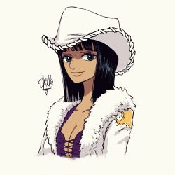 Rule 34 | 1girl, artist name, black hair, blue eyes, breasts, cleavage, commentary, cowboy hat, english commentary, eyelashes, fur, fur-trimmed jacket, fur trim, happy, hat, highres, jacket, large breasts, long hair, looking at viewer, nico robin, one piece, sherumaru (korcht06), signature, simple background, smile, solo, white jacket