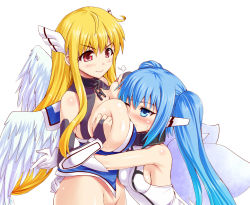 Rule 34 | &gt;:), 2girls, angel wings, astraea (sora no otoshimono), blonde hair, blue eyes, blue hair, blush, bottomless, breast press, breast smother, breasts, bridal gauntlets, face to breasts, gloves, head wings, hug, huge breasts, kawase seiki, large breasts, long hair, multiple girls, no panties, nymph (sora no otoshimono), one eye closed, out-of-frame censoring, red eyes, sideboob, smirk, sora no otoshimono, sweat, twintails, v-shaped eyebrows, very long hair, wavy mouth, white gloves, white wings, wings, wink, yuri