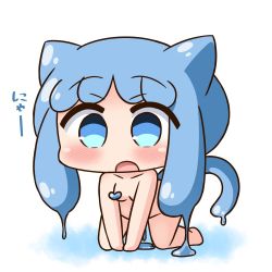 Rule 34 | 1girl, :o, all fours, animal ears, blue eyes, blue hair, blush, breasts, cat ears, cat girl, cat tail, chibi, collarbone, commentary request, convenient censoring, full body, half slime-chan, hana kazari, kemonomimi mode, long hair, looking at viewer, monster girl, nude, open mouth, original, slime girl, small breasts, solo, tail, translation request, v-shaped eyebrows, white background