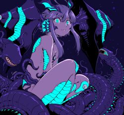 Rule 34 | 1boy, androgynous, blue eyes, character request, commentary request, dragon poker, extra eyes, fins, head fins, highres, limited palette, male focus, nude, ringed eyes, sharp teeth, short hair with long locks, sidelocks, smile, solo, suparu (detteiu), teeth, tentacles