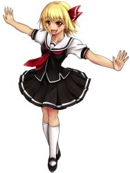 Rule 34 | 1girl, :d, adapted costume, black serafuku, black skirt, blonde hair, blush, collarbone, fang, full body, hair ribbon, hozenkakari, looking at viewer, mary janes, neckerchief, open mouth, outstretched arms, pleated skirt, puffy short sleeves, puffy sleeves, red eyes, red ribbon, ribbon, rumia, school uniform, serafuku, shoes, short hair, short sleeves, skirt, skirt set, smile, socks, solo, spread arms, touhou, transparent background, white background, white socks