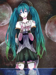 Rule 34 | 1girl, bare shoulders, cupping hands, detached sleeves, green hair, hatsune miku, jewelry, kneeling, lana (akhrne), long hair, moon, necklace, own hands together, ring, skirt, solo, star (symbol), twintails, very long hair, vocaloid