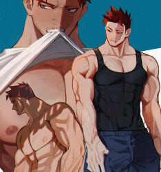 Rule 34 | 1boy, abs, alternate costume, bara, bare pectorals, beard, beard stubble, black tank top, boku no hero academia, clothes in mouth, collage, covered abs, covered erect nipples, covered navel, denim, endeavor (boku no hero academia), facial hair, from below, highres, jeans, kamosankochira, large hands, large pectorals, lifted by self, looking to the side, male focus, mature male, mouth hold, muscular, muscular male, mustache stubble, nipples, nude, pants, pectorals, scar, scar across eye, shadow, shirt, shirt in mouth, short hair, spiked hair, stubble, tank top, taut clothes, taut shirt, veins, veiny arms