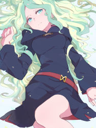 Rule 34 | 10s, 1girl, blue eyes, diana cavendish, green hair, hood, hood down, little witch academia, long hair, looking at viewer, lying, on back, skirt, solo, sou (tuhut), witch